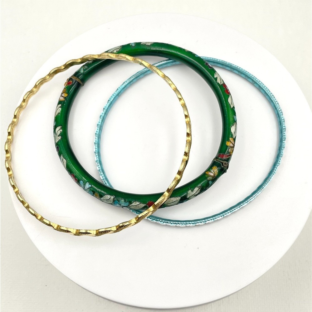 Vintage Gold Silver Tone Floral Enamel Bracelet Set Boho Women's Jewelry 80s 90s